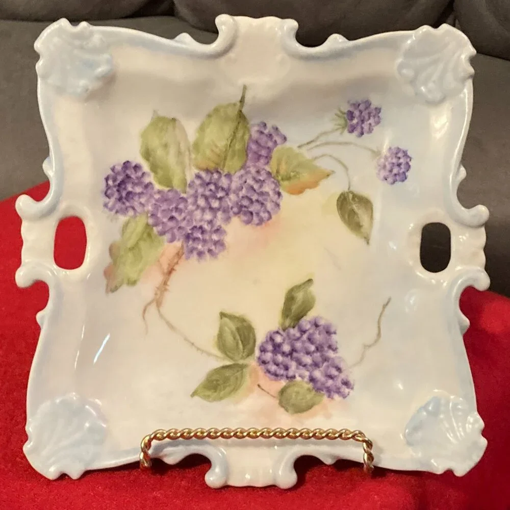 VTG 1977 Handpainted Square China Plate w/Handles-Signed-Purple Florals-8